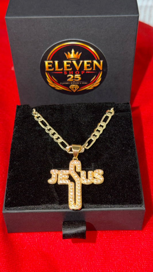 Cadena figaro con dije cruz jesus gold filled 18k