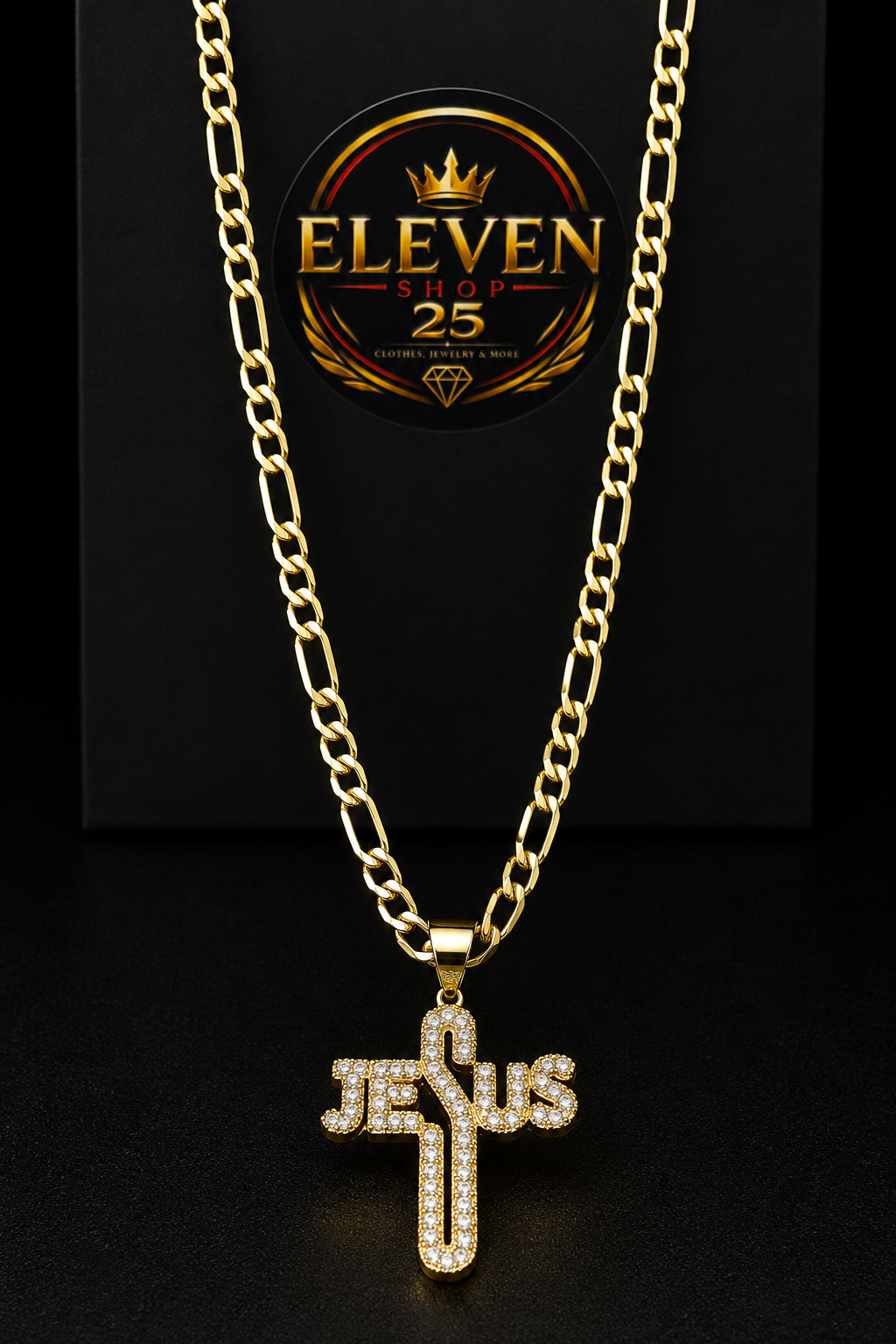 Cadena figaro con dije cruz jesus gold filled 18k