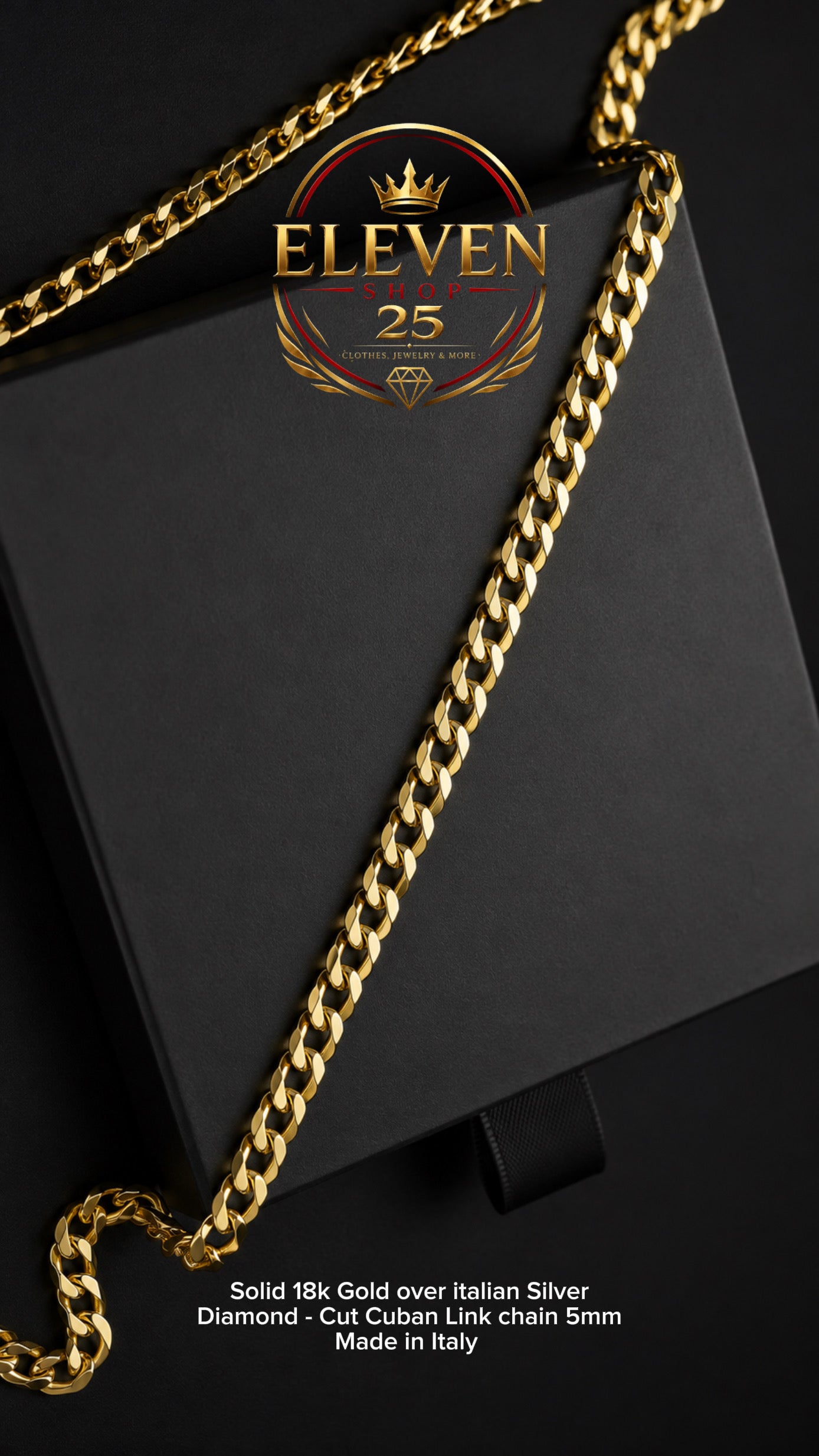 Cuban Link Chain Diamond - cut Solid 18k Gold over 925 italian Silver 5mm 22¨